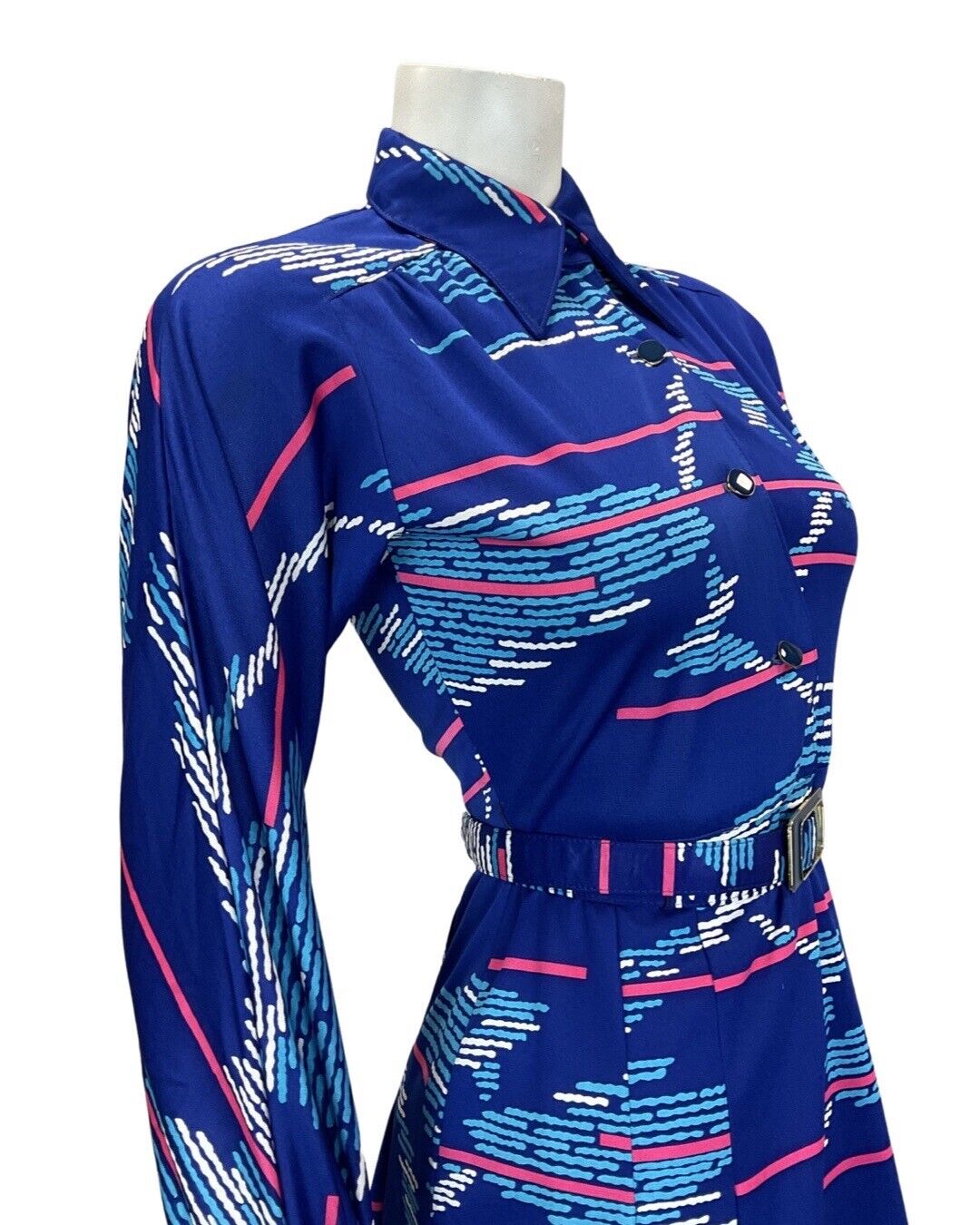 VINTAGE 60s 90s ROYAL BLUE PINK STRIPED GEOMETRIC MOD DAGGER SHIRT DRESS 8
