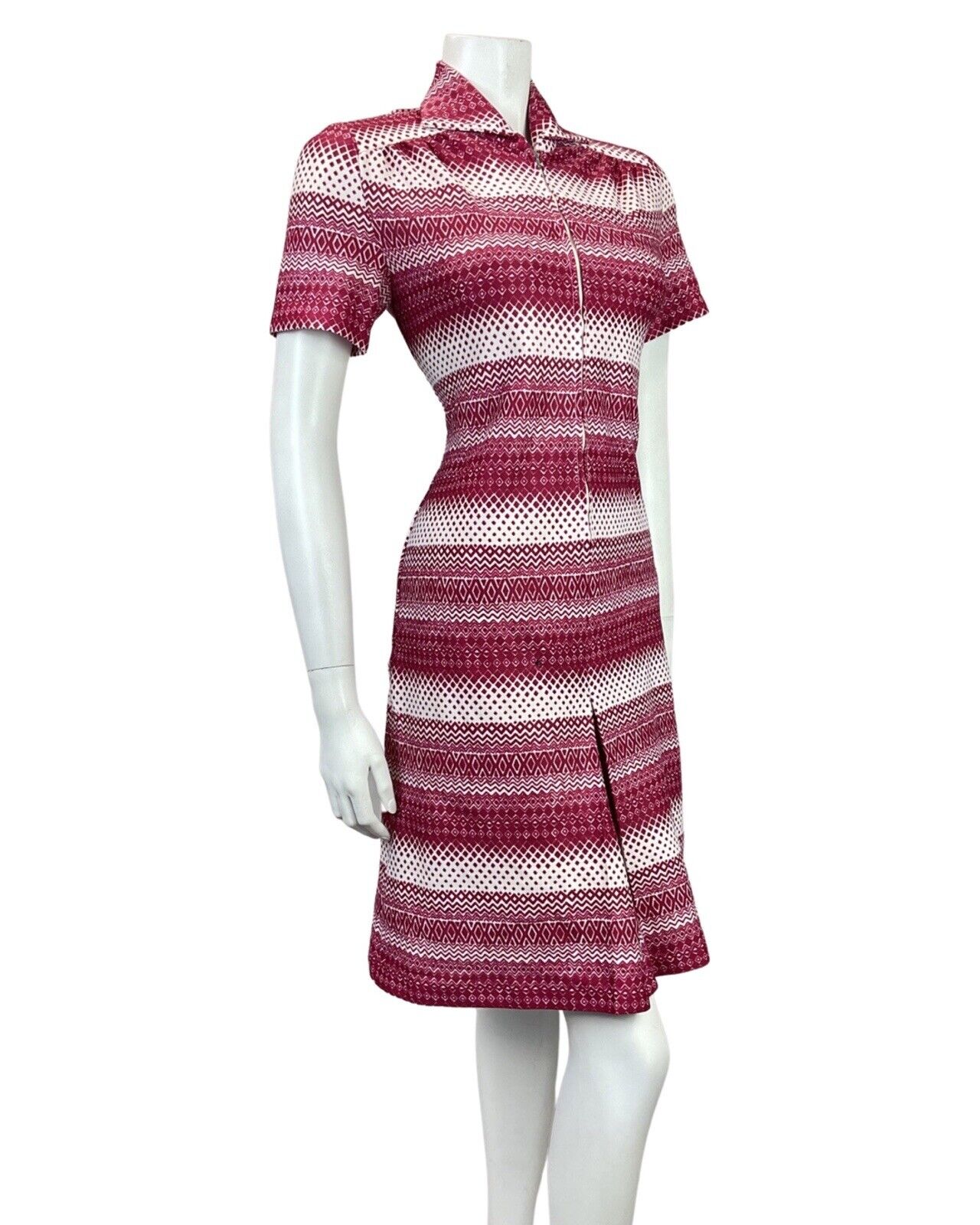 VINTAGE 60s 70s PURPLE GEOMETRIC STRIPED ZIG-ZAG DOTTY ZIP-UP MOD SHIRT DRESS 12