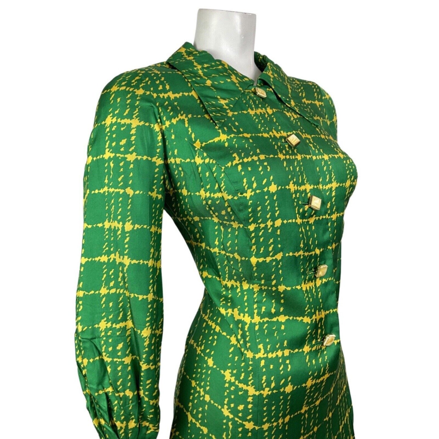 VINTAGE 60s 70s GREEN YELLOW CHECKED MOD DAGGER COLLAR SHIRT DRESS 12 14