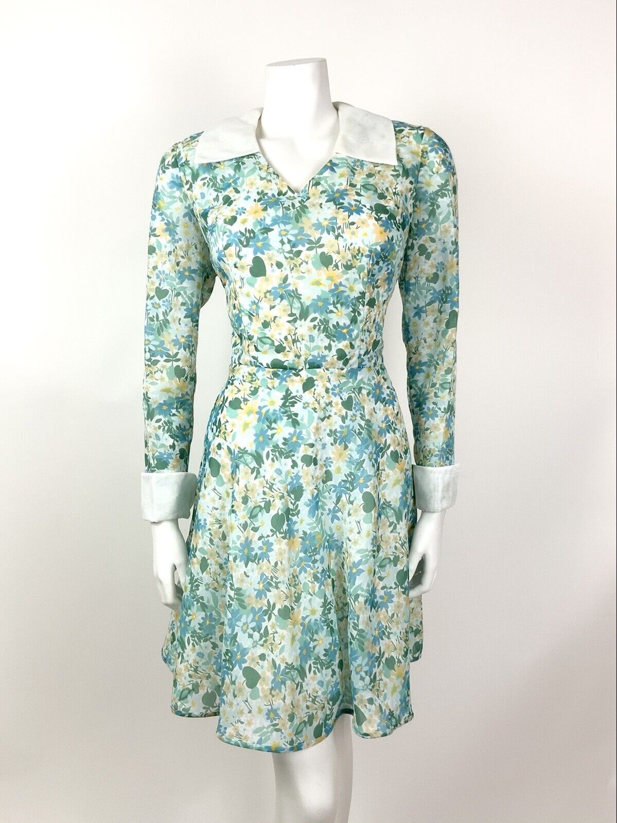 VINTAGE 60s 70s GREEN BLUE BEIGE FLORAL DITSY MOD SHEER SHIRT DRESS 10 12