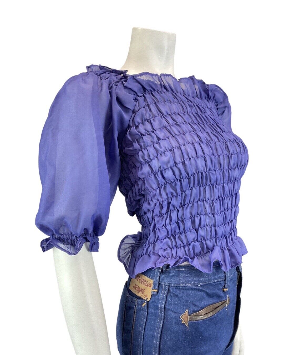 VINTAGE 60s 70s VIOLET PURPLE SHEER SHIRRED BOHO MOD BLOUSE TOP 8 10