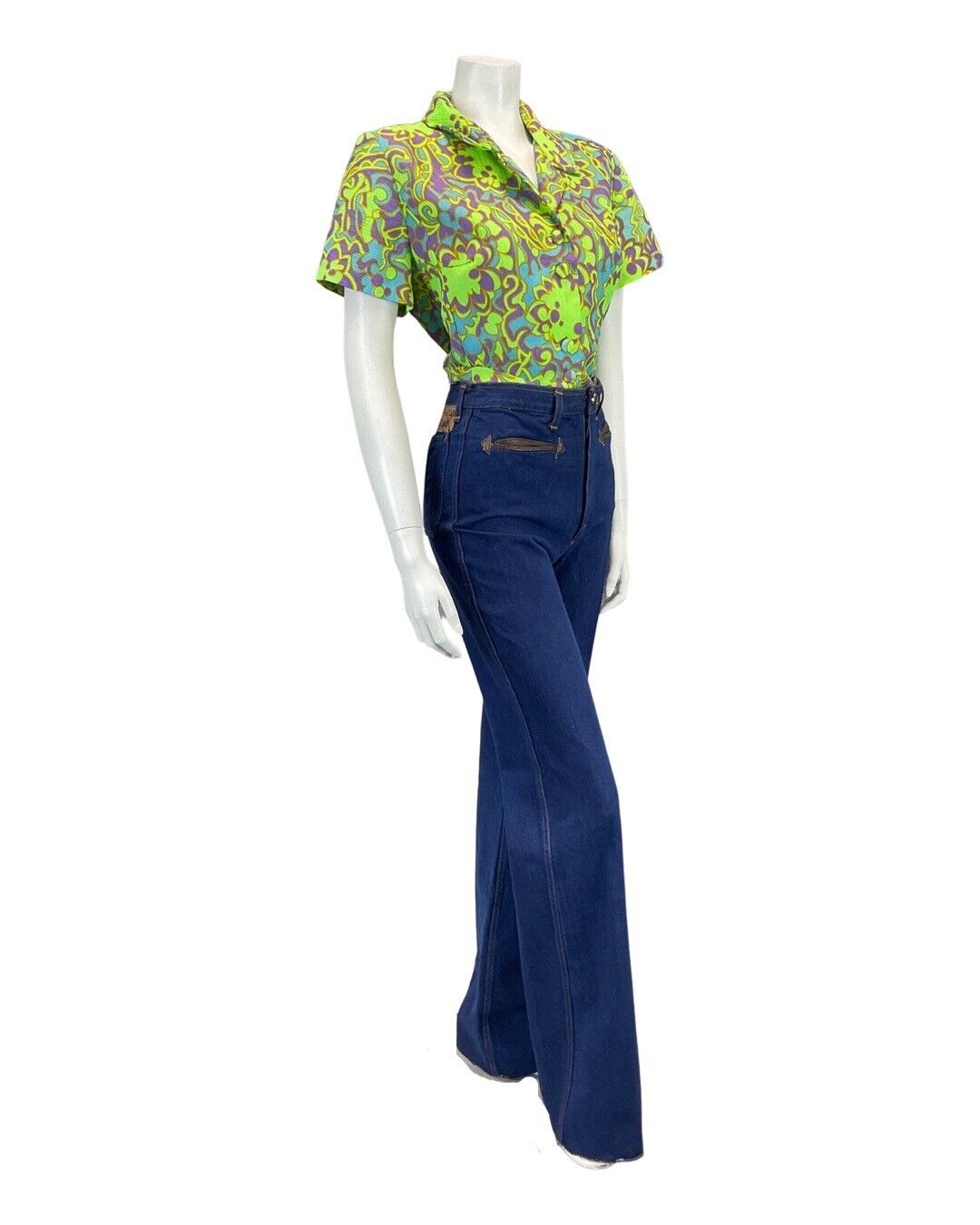 VINTAGE 60s 70s LIME GREEN PURPLE BLUE PSYCHEDELIC FLORAL MOD BLOUSE TOP 16 18