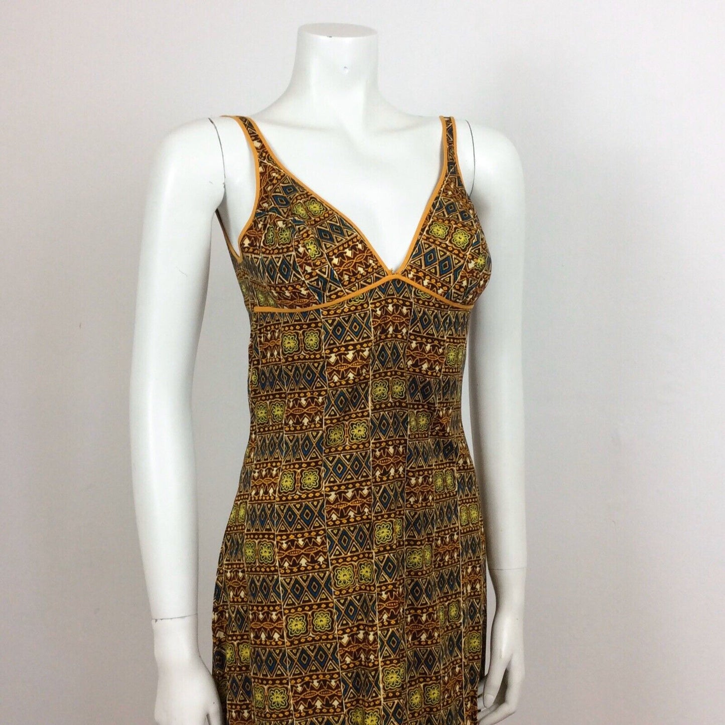 60S 70s VTG BROWN ORANGE BATIK PRINT FESTIVAL TRIBAL BOHO MAXI DRESS 10 12