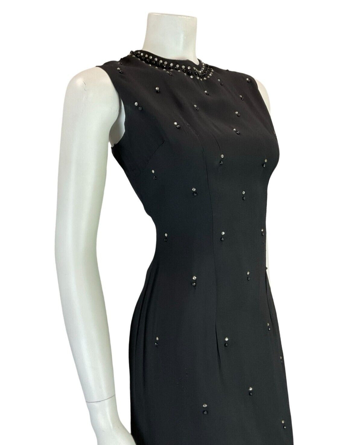 VTG 60S MOD BLACK DIAMANTE SLEEVELESS BEADED BLACK PARTY EVENING DRESS 12