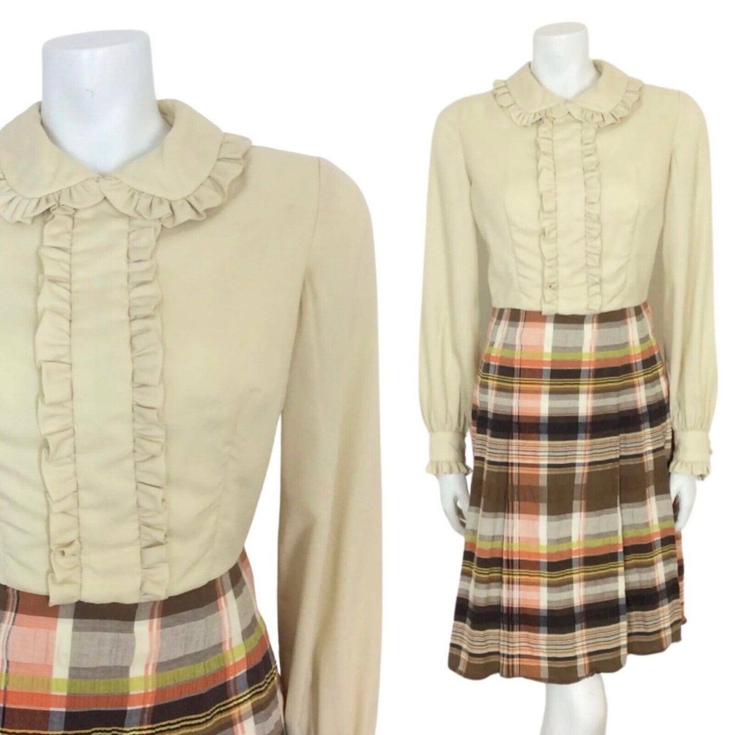VINTAGE 60S CREAM BROWN PLAID TARTAN MOD MAD MEN SECRETARY SHIRT DRESS 8 10