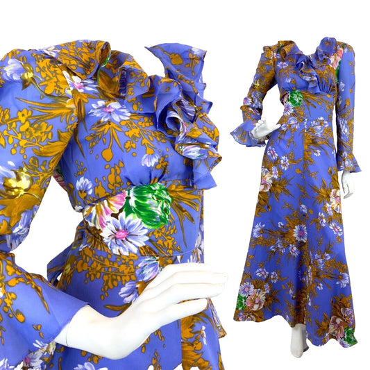 VINTAGE 60s 70s PURPLE GOLD WHITE FLORAL RUFFLED SHEER FLOATY MAXI DRESS 10 12