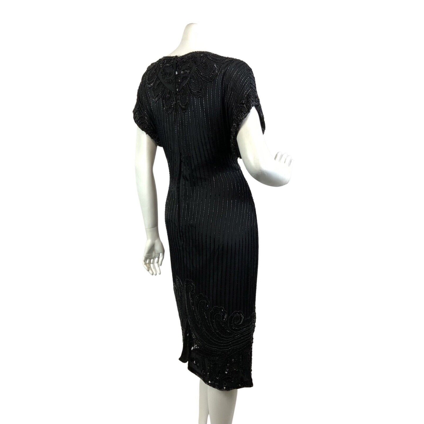 VINTAGE 70s 80s BLACK SEQUIN BEADED FLAPPER STYLE DISCO GLAM PARTY DRESS 14