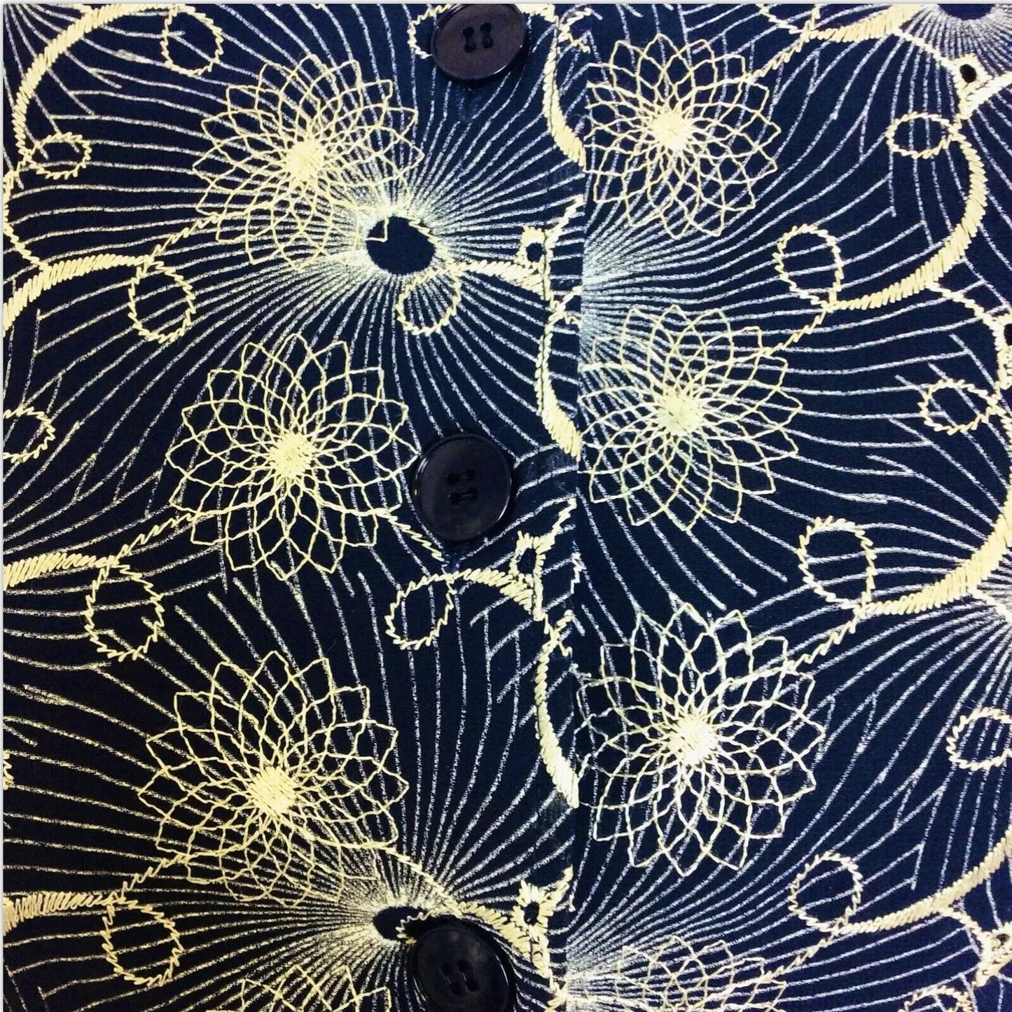 VINTAGE 1960S NAVY BLUE WHITE EMBROIDERED FLORAL SPIROGRAPH DRESS 10 12