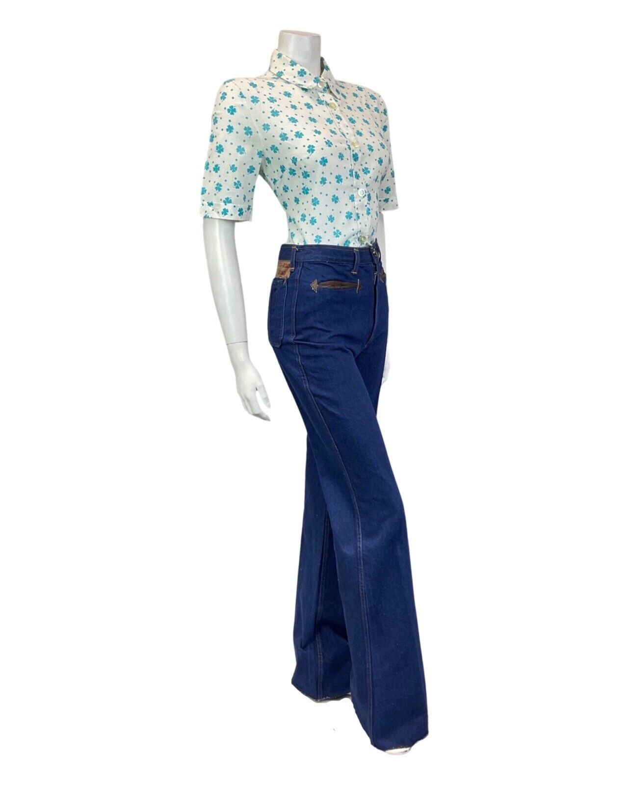 VINTAGE 60s 70s WHITE BLUE POLKA DOT CLOVER MOD SHORT SLEEVE SHIRT 12 14