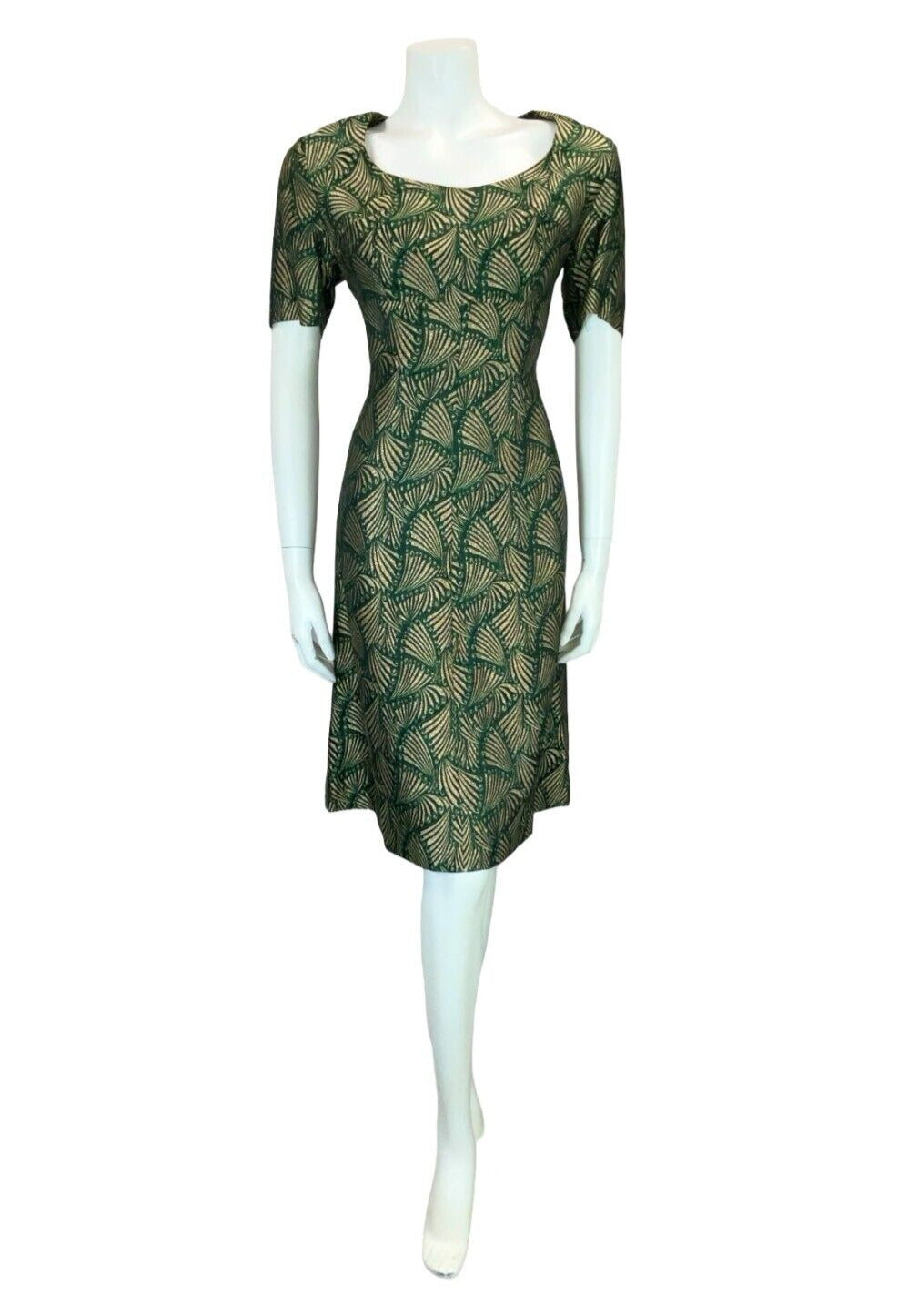 VTG 60S ART DECO FAN GOLD GREEN BLACK SHORT SLEEVE ROUNDED NECK DRESS 12