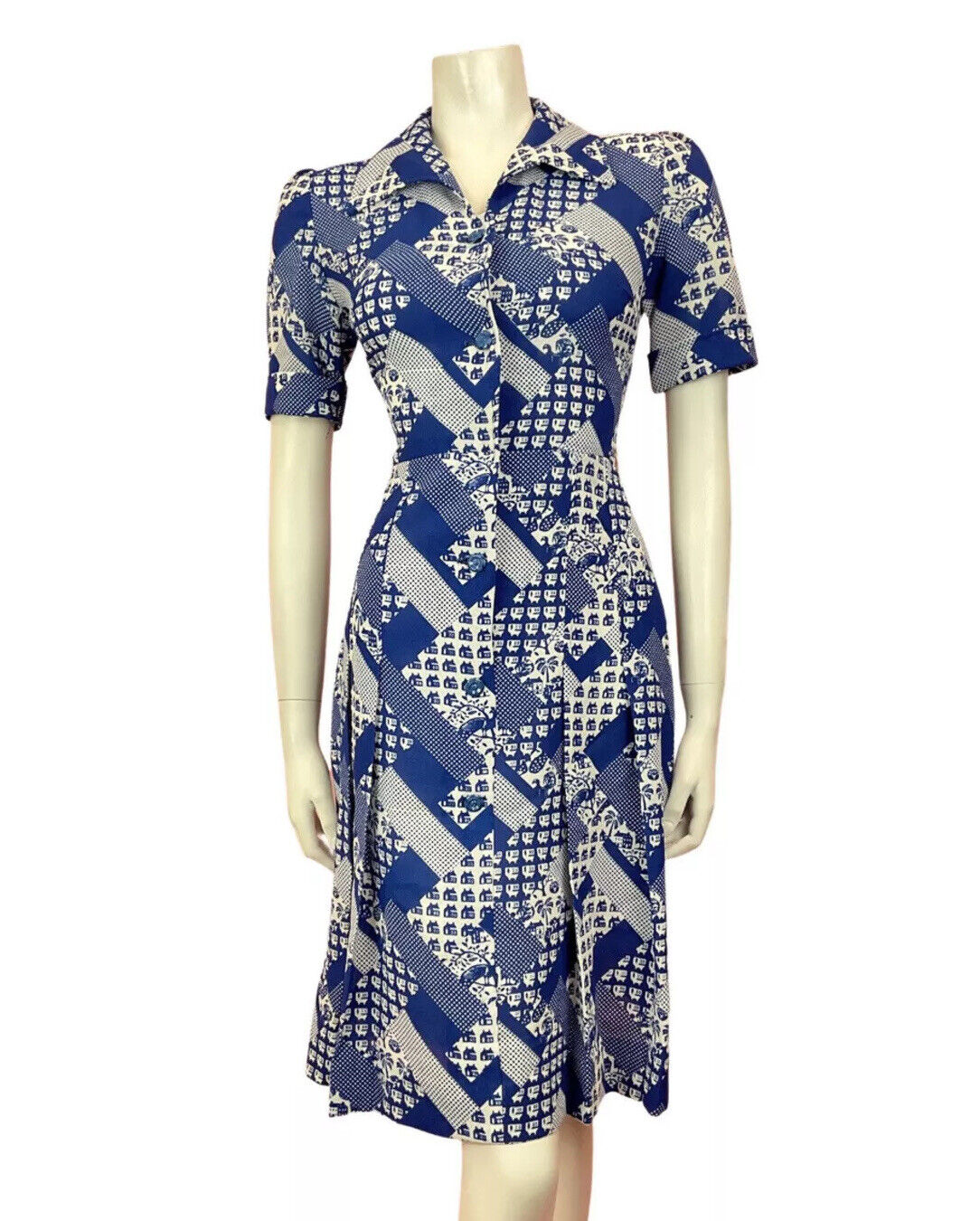 VTG 60s 70s BLUE WHITE GEOMETRIC POLKA-DOT PALM TREE MOD DAGGER SHIRT DRESS 10