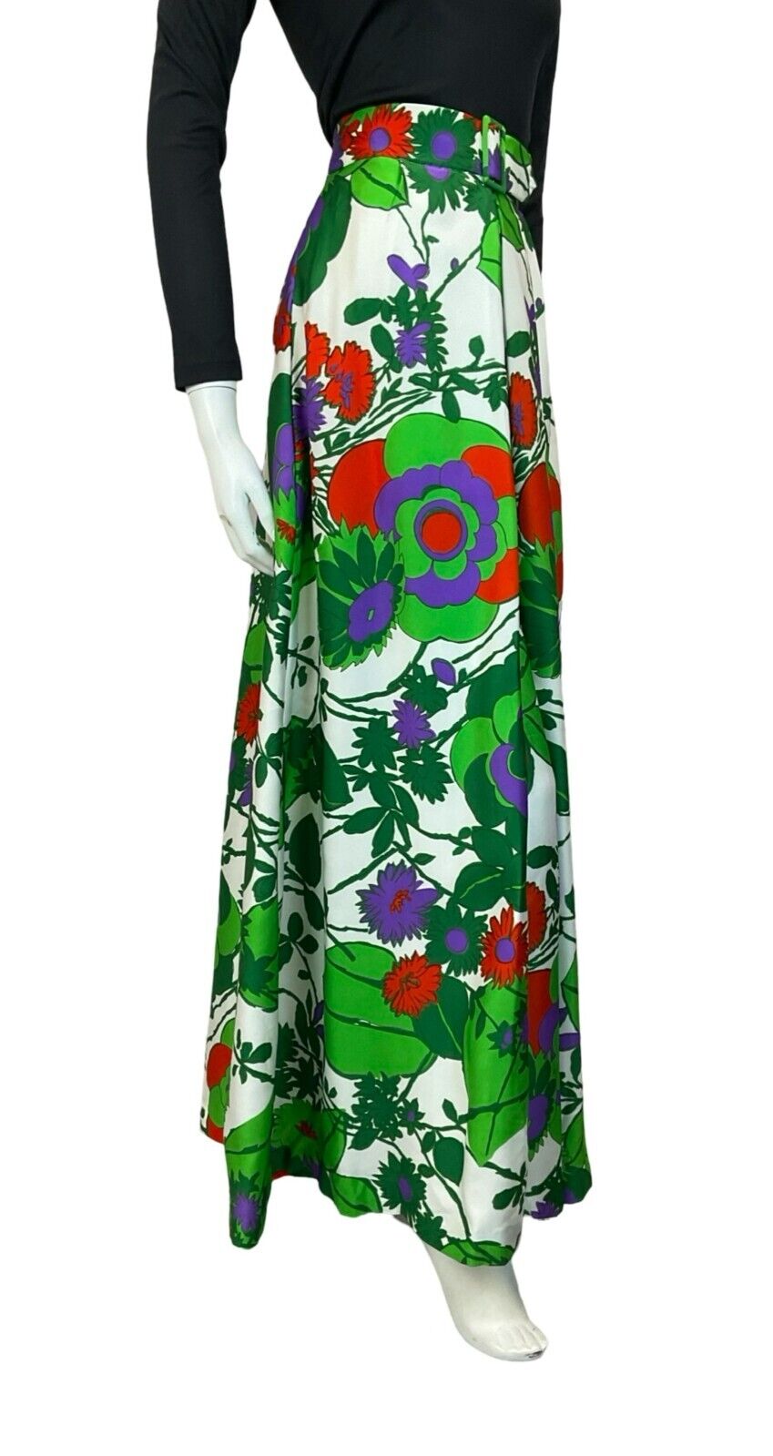 VTG 70S GREEN RED WHITE PURPLE FLORAL BELT PANTS TROUSERS SIZE 10