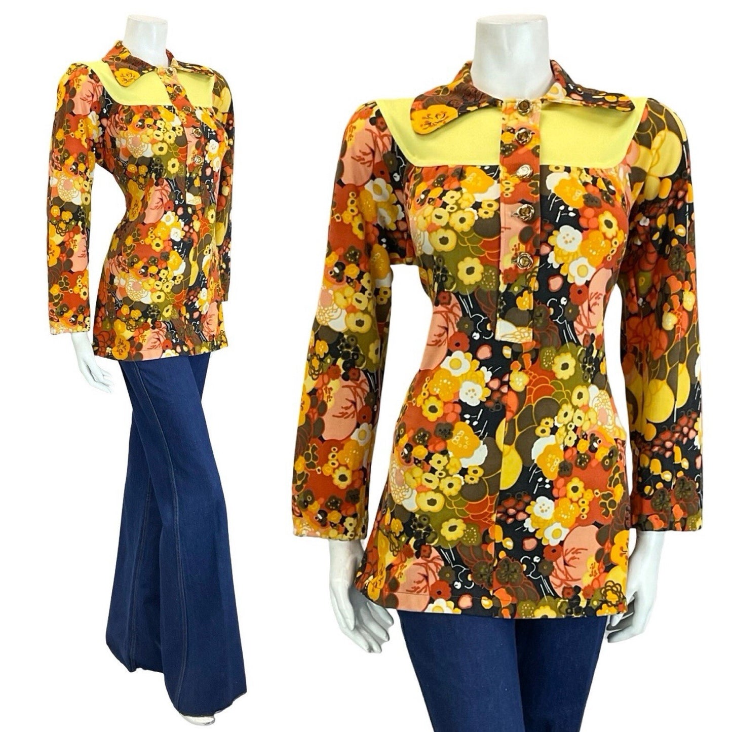 mannequin wears blue flared jeans with a yellow, orange, green and brown floral dog ear collar shirt
