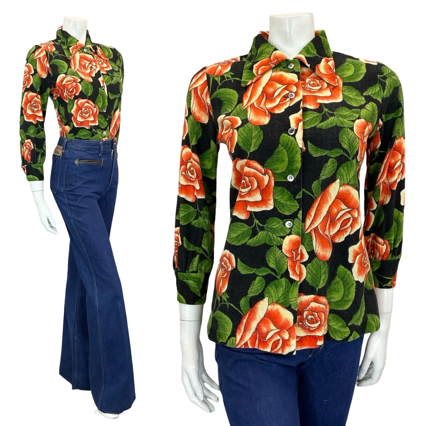 mannequin wears blue flared jeans with a red rose print dagger collar shirt