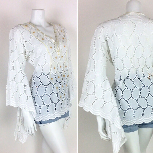 VTG 60s 70s WHITE ETHNIC PEASANT TOP WATERFALL CAPE SLEEVE LACE EYELET 10 12 14
