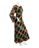 VTG 60s 70s BLACK GOLD RED GREEN FLOWER ABSTRACT PATTERN MAXI DRESS 8 10