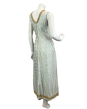 VINTAGE 60s 70s PASTEL BLUE GOLD EVENING DISCO PARTY EMBROIDERY MAXI DRESS 14 16