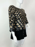VINTAGE 70s 80s BLACK GOLD SCALES SEQUIN DISCO PARTY BATWING BLOUSE TOP 18 20