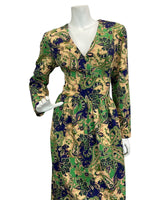 VINTAGE 60s 70s TAN GREEN BLUE FLORAL PAISLEY PRINT FOLK MAXI DRESS 14