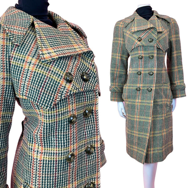 VTG 60s 70s GREEN BEIGE ORANGE CHECKED PLAID DOUBLE-BREASTED MOD WOOL COAT 16