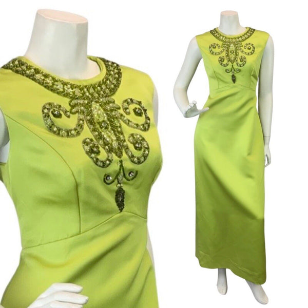 VINTAGE 60s 70s LIME GREEN BEADED PEARL SLEEVELESS PARTY MAXI GOWN DRESS 12
