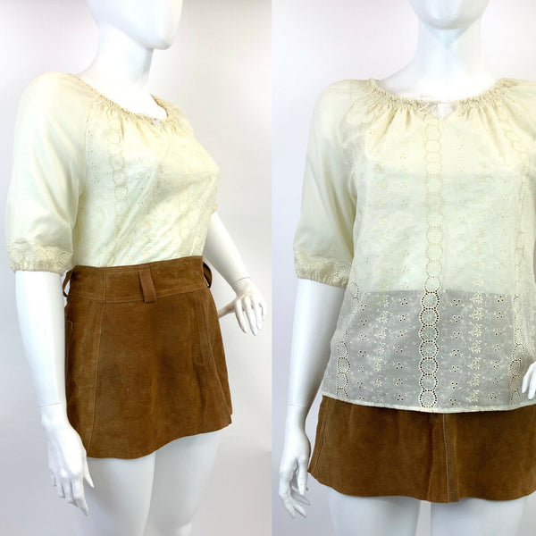 VINTAGE 60s 70s PALE YELLOW FLORAL BRODERIE ANGLAISE BOHO FOLK BLOUSE TOP 16