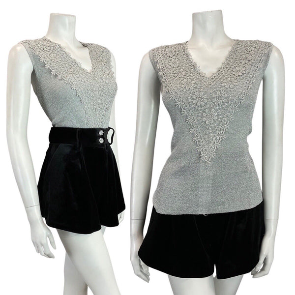 VINTAGE 60s 70s METALLIC SILVER FLORAL LACE PARTY SLEEVELESS KNIT TOP 12 14
