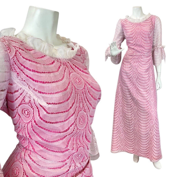 VINTAGE 60s 70s PINK WHITE LACE RUFFLED FLOUNCE SLEEVE PRAIRIE MAXI DRESS 14 16