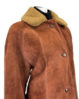 VINTAGE 60s 70s RUSSET BROWN SUEDE LEATHER SHEARLING LONG COAT 16 18