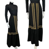 VINTAGE 60s 70s BLACK GOLD RIC-RAC EMBROIDERED PARTY GLAM MAXI SKIRT 10