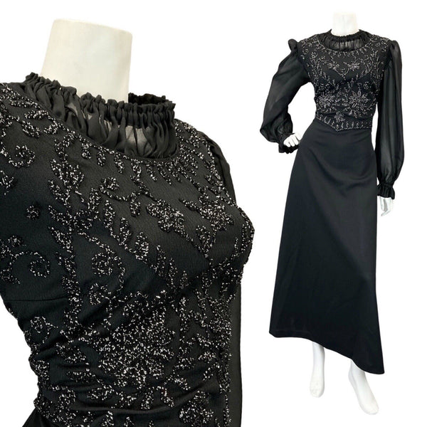 VINTAGE 60s 70s BLACK SILVER EMBROIDERED FLORAL EVENING GOWN MAXI DRESS 12