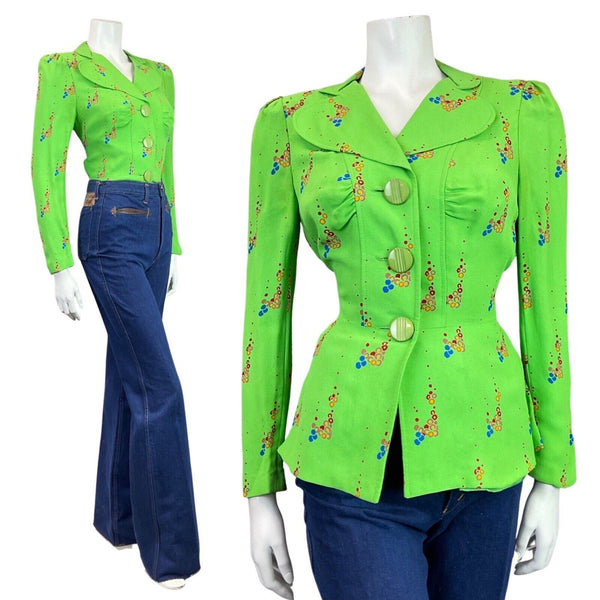 VINTAGE 60s 70s GREEN BLUE RED DOTTY MOD BELTED CLOVER COLLAR BLOUSE TOP 10 12