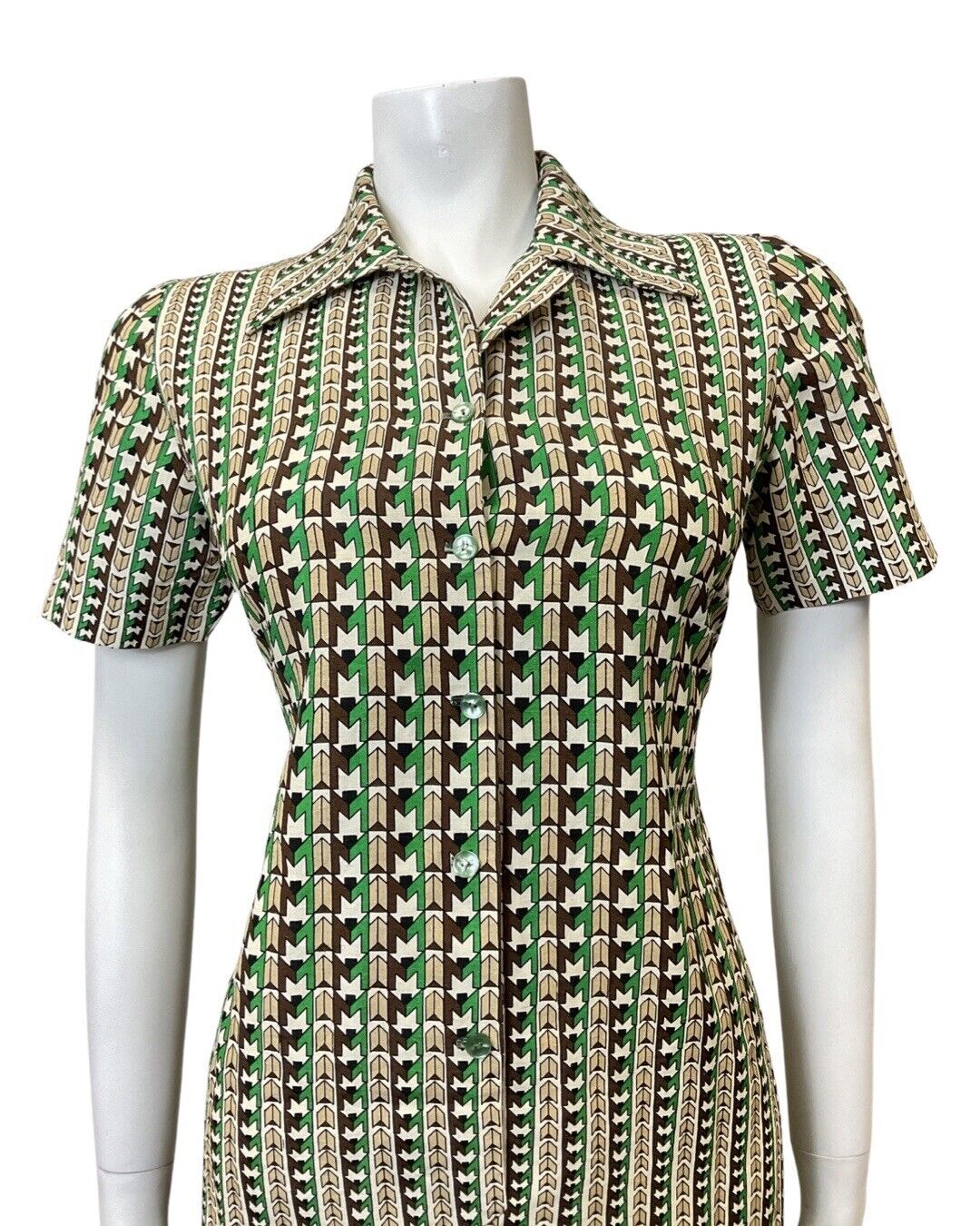 VINTAGE 60s 70s GREEN BROWN WHITE GEOMETRIC OP-ART MOD SHIRT DRESS 8 10