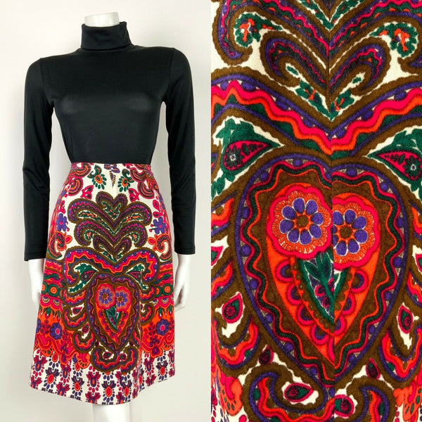 VTG 60s 70s WHITE NEON ORANGE GREEN PINK RED PSYCHEDELIC PAISLEY FLORAL SKIRT 8