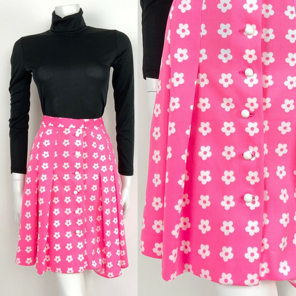 VINTAGE 60s 70s NEON PINK WHITE FLORAL PLEAT FLOWER A-LINE DAISY MOD SKIRT 10