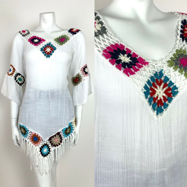 VTG 70s ETHNIC PEASANT WHITE TOP CROCHET BLUE PINK RED GYPSY TASSEL TOP 10 12 14