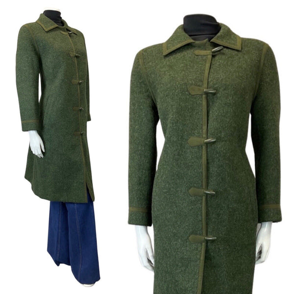 VINTAGE 60s 70s FOREST GREEN TOGGLE STRAIGHT-CUT LONG WOOL COAT 14