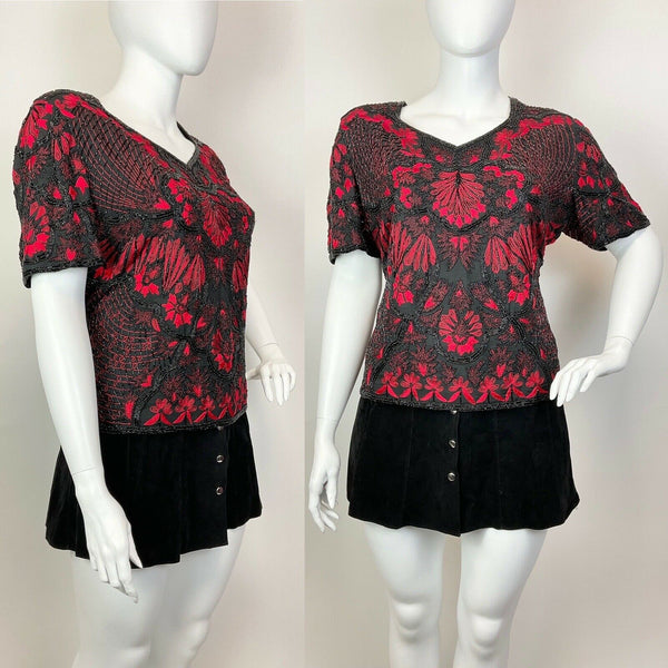 VTG 70s 80s BLACK RED FLORAL EMBROIDERED BEADED SEQUIN PARTY BLOUSE TOP 24 26