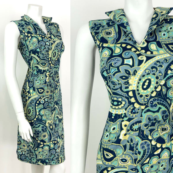 VTG 60s 70s BLUE GREEN YELLOW WHITE PSYCHEDELIC FLORAL WING COLLAR DRESS 16 18