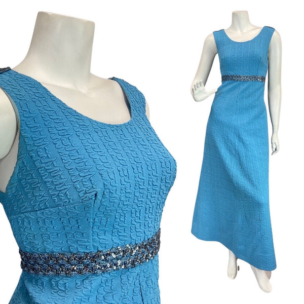VINTAGE 60s 70s BLUE SEQUINNED MOD SLEEVELESS GOWN MAXI DRESS 10 12