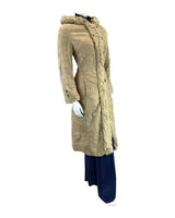 VINTAGE 60s 70s CREAM HOODED BOHO MOD SUEDE LEATHER PRINCESS SHEARLING COAT 10