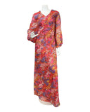 VINTAGE 60s 70s RED PURPLE WHITE DITSY FLORAL PSYCHEDELIC SHEER MAXI DRESS 16 18