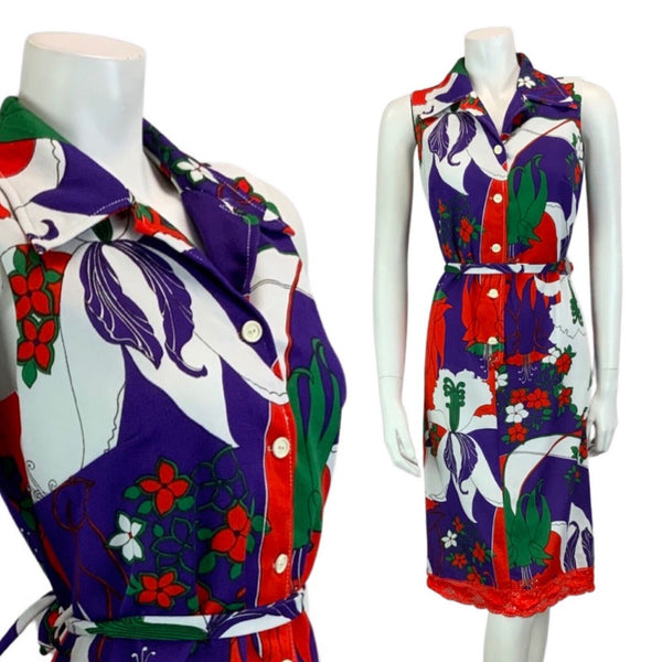 VINTAGE 60s 70s WHITE PURPLE RED  GREEN PSYCHEDELIC  FLORAL PRINT DRESS 14
