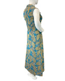VINTAGE 60s 70s BLUE GOLD PSYCHEDELIC WING COLLAR SLEEVELESS MAXI DRESS 16