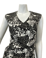 VINTAGE 60s 70s BLACK WHITE PSYCHEDELIC FLORAL SLEEVELESS MAXI DRESS 16 18