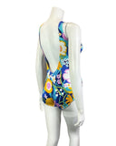 VINTAGE 60s 70s BLUE PINK YELLOW FLORAL PSYCHEDELIC SWIMSUIT BODYSUIT 14