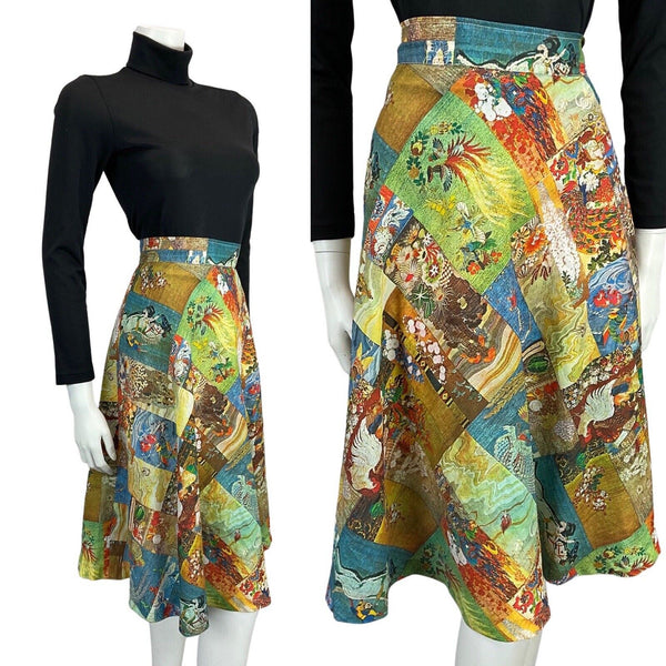 VINTAGE BLUE GREEN ORANGE PATCHWORK STYLE GRAPHIC PRINT A LINE 60s 70s SKIRT 8