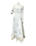 VINTAGE 60s 70s WHITE BLUE GREEN FLORAL EMBROIDERED PRAIRIE WEDDING MAXI DRESS 6