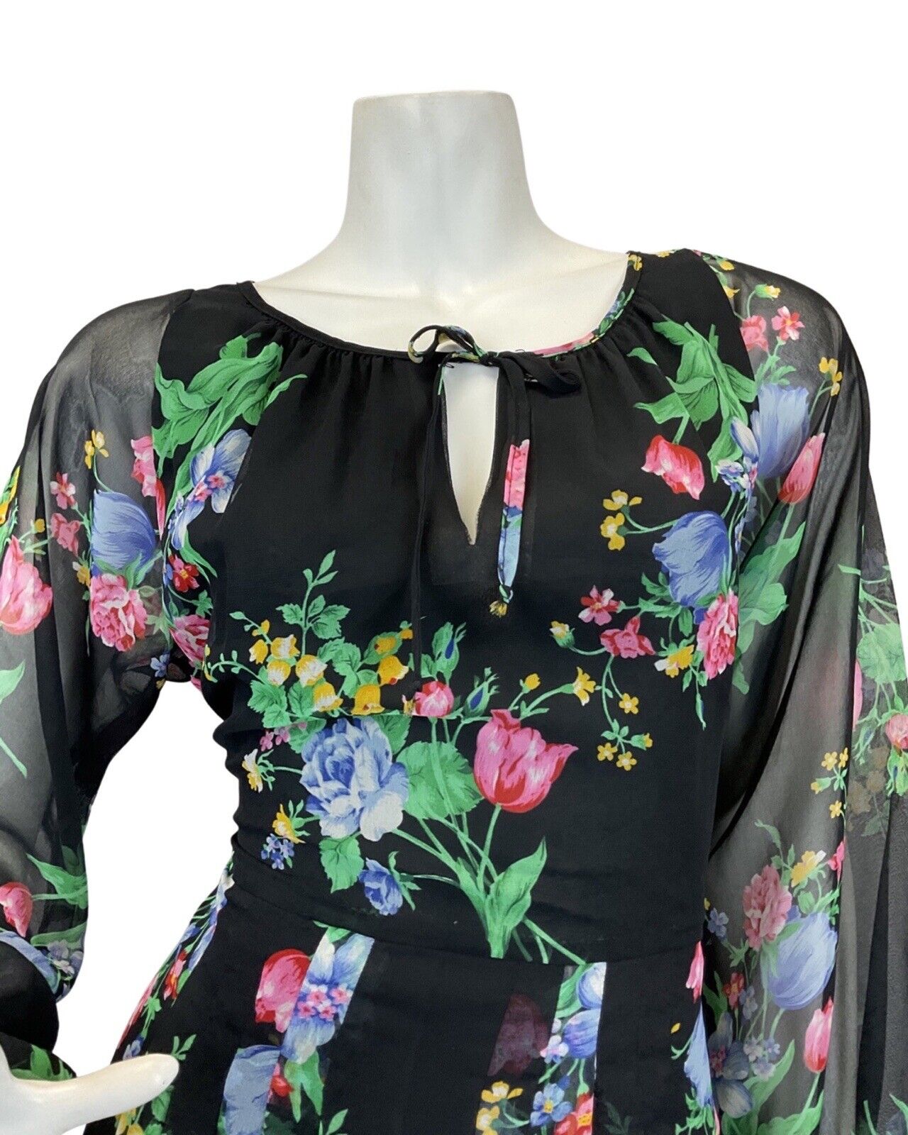 VINTAGE 60s 70s BLACK GREEN BLUE FLORAL BOUQUET ROSE SHEER MAXI DRESS 14