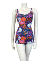 VINTAGE 60s 70s BLUE PINK ORANGE FLORAL DAISY PSYCHEDELIC SWIMSUIT 10 12